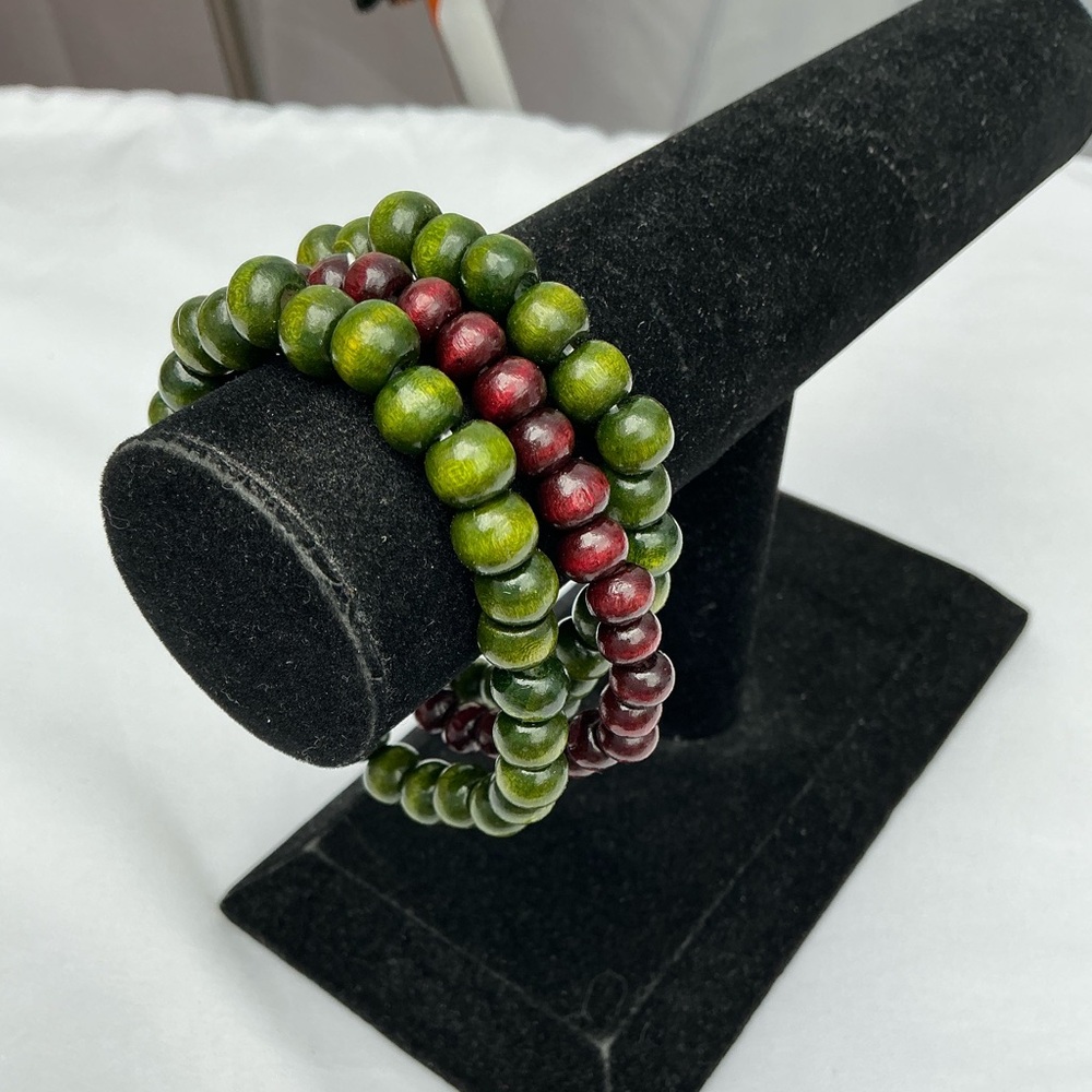 Set of 3 Wood Bead Stretch Bracelets | Green & Burgundy | Boho Jewelry